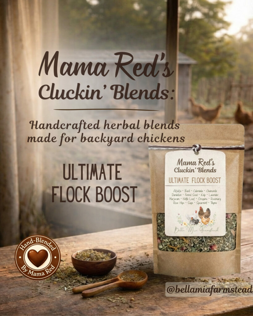 Bella Mia Farmstead | Herbal Chicken Blends | Heirloom Seeds | Homesteading Book 3 Mama Reds Cluckin Blends Ultimate Flock Boost Main